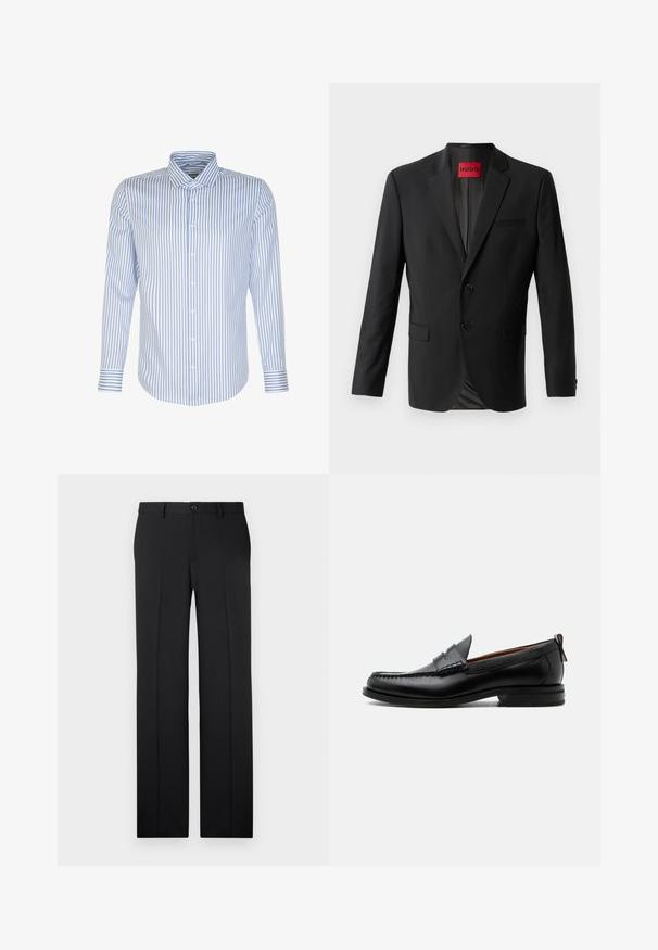 Sort blazer lavet af glat stof, med to frontknapper, spidse klapper og en enkelt brystlomme. Etiket synlig inde i kraven.; Herreskjorte med lange ærmer, lyseblå og hvide striber, knaplukning foran, klassisk krave, bomuldsstof, glat tekstur, buet kant.; Sorte, skræddersyede bukser med lige ben, glat stof, pressefolder foran og en enkelt knaplukning i taljen.; Sort læder herre loafer med moc-tå syning, penny strop, struktureret krave og lav stablet hæl på hvid baggrund.