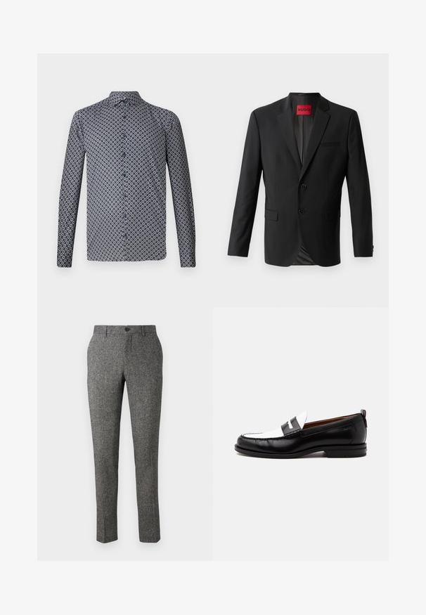 Blazer noir en tissu lisse, avec deux boutons à l'avant, revers crantés et une poche poitrine simple. Étiquette visible à l'intérieur du col.; Chemise à manches longues de couleur bleu marine foncé avec un motif floral blanc répété. Dotée d'un col pointu et de boutons sur le devant. Texture de tissu lisse.; Lindbergh PANTS - Pantalon classique - brown; Mocassin en cuir noir et blanc avec des détails cousus, un petit talon et un design slip-on, présenté de profil sur un fond uni.