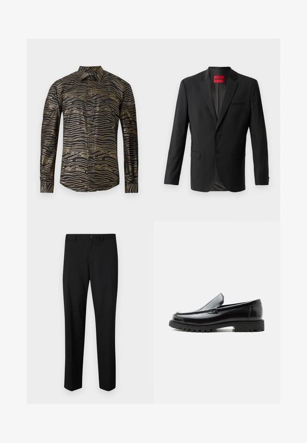 Blazer noir en tissu lisse, avec deux boutons à l'avant, revers crantés et une poche poitrine simple. Étiquette visible à l'intérieur du col.; Chemise noire ornée d'un motif doré sinueux, à manches longues et col classique, fabriquée en tissu lisse avec une finition brillante.; Pantalons noirs ajustés avec une coupe plate, taille standard et jambes droites. Fabriqués en tissu lisse, dotés d'une fermeture à un bouton.; Mocassin en cuir noir avec semelle en caoutchouc épaisse, dessus cousu et nom de marque embossé sur le talon, présenté de profil sur fond blanc.