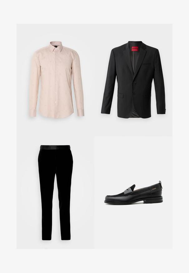 Blazer noir en tissu lisse, avec deux boutons à l'avant, revers crantés et une poche poitrine simple. Étiquette visible à l'intérieur du col.; Chemise à manches longues rose clair avec un col à boutons, un motif rayé subtil et des motifs circulaires brodés.; Pantalon en velours noir à coupe ajustée, texture lisse et ceinture assortie. Il présente des jambes droites et des poches latérales.; Mocassin en cuir noir avec détail de bride grise, talon bas et semelle texturée, marqué "HUGO" en or sur le côté.