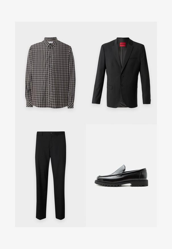 Blazer noir en tissu lisse, avec deux boutons à l'avant, revers crantés et une poche poitrine simple. Étiquette visible à l'intérieur du col.; Chemise boutonnée à manches longues avec un motif à carreaux bleu foncé et beige. Dotée d'un col classique et de boutons à l'avant avec un ourlet droit.; Pantalons noirs ajustés avec une coupe plate, taille standard et jambes droites. Fabriqués en tissu lisse, dotés d'une fermeture à un bouton.; Mocassin en cuir noir avec semelle en caoutchouc épaisse, dessus cousu et nom de marque embossé sur le talon, présenté de profil sur fond blanc.