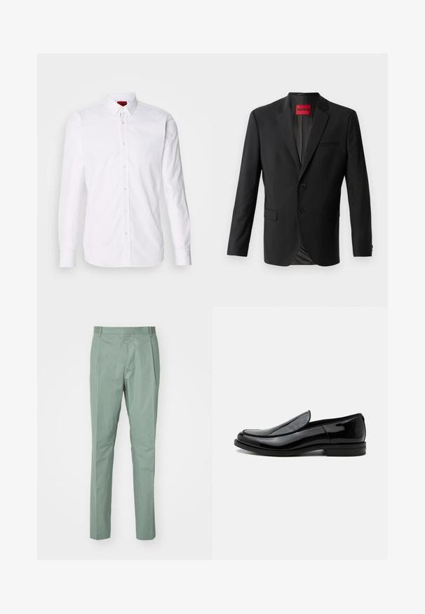 Blazer noir en tissu lisse, avec deux boutons à l'avant, revers crantés et une poche poitrine simple. Étiquette visible à l'intérieur du col.; Chemise blanche à manches longues avec col classique, patte de boutonnage à l'avant et texture en coton lisse.; Pantalons vert clair à coupe droite, avec une taille plate, deux poches latérales et une texture de tissu lisse. Pas de motifs ni de matériel visible.; Chaussure de ville noire en cuir brillant à enfiler, avec talon bas et bout arrondi, vue de côté sur fond blanc uni.