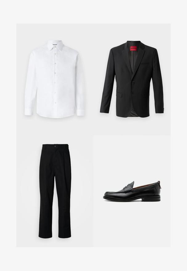 Sort blazer lavet af glat stof, med to frontknapper, spidse klapper og en enkelt brystlomme. Etiket synlig inde i kraven.; Hvid langærmet skjorte med klassisk krave, knappet front og rundet forneden. Fremstillet af glat bomuldsstof uden mønstre.; Sorte lige ben bukser med en knaplukket talje, bæltestropper og en frontfold, præsenteret mod en ensfarvet hvid baggrund.; Sort læder herre loafer med moc-tå syning, penny strop, struktureret krave og lav stablet hæl på hvid baggrund.