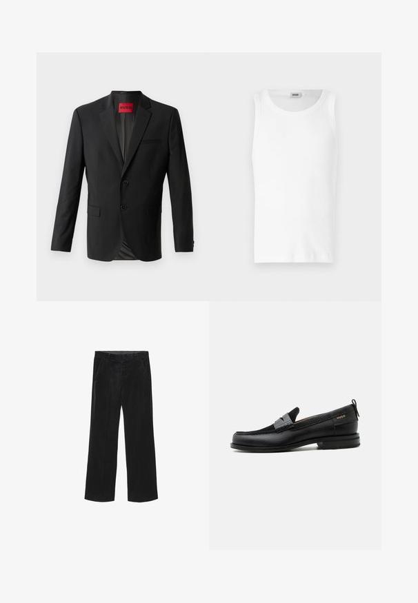 Sort blazer lavet af glat stof, med to frontknapper, spidse klapper og en enkelt brystlomme. Etiket synlig inde i kraven.; Hvid bomulds tanktop uden ærmer med rund halsudskæring og en glat tekstur. Enkel design, ingen mønstre eller accenter.; Sorte, brede fløjl bukser med en glat tekstur, der har to forlommer og et tætsiddende taljebånd.; Sort læderloafer med grå remdetalje, lav hæl og tekstureret sål, mærket med "HUGO" i guld på siden.