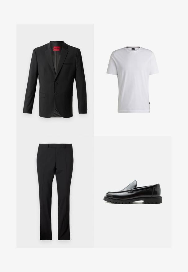 Schwarzer Blazer aus glattem Stoff, mit zwei vorderen Knöpfen, eingeklappten Revers und einer einzelnen Brusttasche. Etikett innen im Kragen sichtbar.; Weißes T-Shirt mit kurzen Ärmeln aus Baumwolle. Besitzt einen Rundhalsausschnitt und ein dezentes Markenlabel an der Seite. Glatte Textur und einfaches Design.; Schwarze maßgeschneiderte Hose mit Gürtelschlaufen, vorderer Bügelfalte und geradem Beinaufschnitt auf einem schlichten weißen Hintergrund.; Schwarzer Lederloafer mit grober Gummisohle, genähter Oberseite und geprägtem Markennamen an der Ferse, seitlich auf weißem Hintergrund gezeigt.