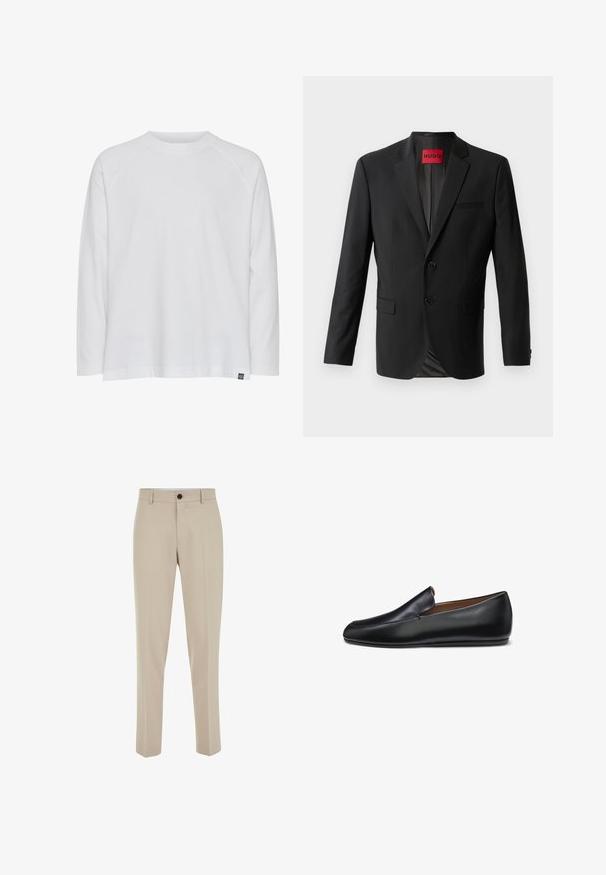 Blazer negro hecho de tela suave, con dos botones frontales, solapas con muesca y un bolsillo en el pecho. Etiqueta visible en el interior del cuello.; Camiseta blanca de manga larga con cuello redondo, ajuste relajado y mangas raglán. Fabricada en suave tejido de algodón; cuenta con una pequeña etiqueta de la marca.; Pantalones beige a medida con trabillas para cinturón, cierre frontal con botón y cremallera, con un corte recto en la pierna.; Mocasín de cuero negro sin cordones con un diseño elegante y minimalista y punta redondeada, mostrado de perfil sobre un fondo blanco.