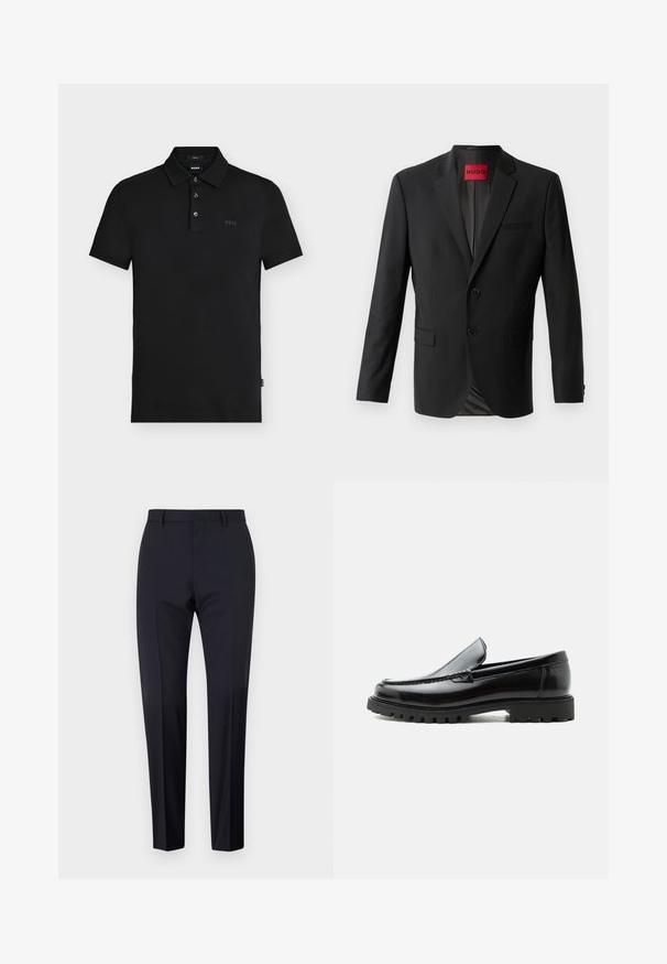Blazer noir en tissu lisse, avec deux boutons à l'avant, revers crantés et une poche poitrine simple. Étiquette visible à l'intérieur du col.; Polo noir slim-fit avec trois boutons, manches courtes et discret logo "BOSS" sur la poitrine et à l'intérieur du col.; Pantalon ajusté bleu marine, à devant plat, slim fit, avec passants de ceinture et poches latérales. Tissu lisse avec une finition nette, sans motifs ni accents visibles.; Mocassin en cuir noir avec semelle en caoutchouc épaisse, dessus cousu et nom de marque embossé sur le talon, présenté de profil sur fond blanc.