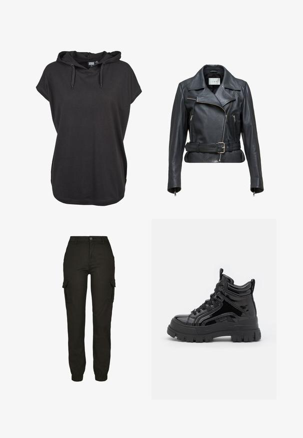 Zwarte leren motorjack met een riem, voorzien van een rits aan de voorkant, twee zijzakken en asymmetrische revers. Gladde textuur.; Zwarte hoodie t-shirt met korte mouwen, gemaakt van zachte stof. Heeft verstelbare trekkoorden en een relaxte fit. Eenvoudig ontwerp, geen patronen.; Zwarte cargobroek met een aansluitende tailleband en elastische boorden. Beschikt over zijzakken en een gladde, duurzame stoftextuur.; Zwarte patent leren hoge laarzen met een chunky rubberen zool, voorzien van een vetersluiting aan de voorkant, een gevoerde kraag en zijdetails.