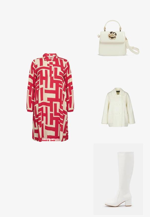 Crème kleurige peacoat van dikke wol, met een notch kraag, dubbele knopen sluiting en twee voorkruiszakken.; Rode en beige jurk met een patroon, voorzien van een kraaghals, driekwart mouwen en geometrische ontwerpen door de stof heen.; Witte kniehoge laarzen met een gladde, glanzende afwerking. Vierkante blokhak en subtiele stikseldetails langs de zijkant.; Kleine crèmekleurige handtas met bovenhandvat, afneembare schouderriem en goudkleurige bloemvormige sluiting op de voorsluiting.