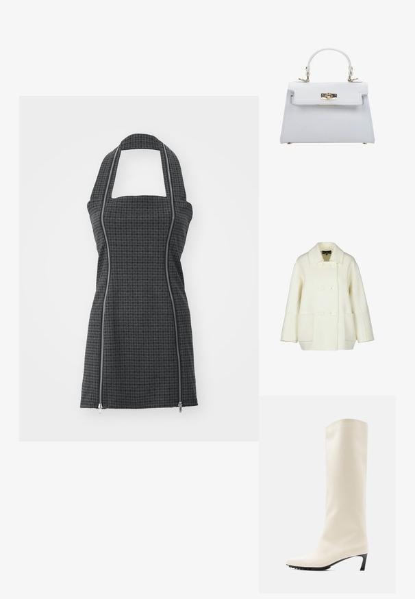 Crème kleurige peacoat van dikke wol, met een notch kraag, dubbele knopen sluiting en twee voorkruiszakken.; Zwarte en grijze gebloemde schort met halternek, vierkante halslijn, vooraan ritsdetails en een aansluitende vorm. Gemaakt van gestructureerde stof.; Witte laars tot aan de knie, gemaakt van glad materiaal met een spits toelopende neus en een slanke zwarte hak. Heeft een strak ontwerp en minimale branding.; ESTRO Handtas - white