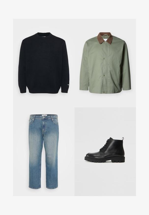 Herre olivengrøn jakke med brun kordfløjls krave og trykknaplukning, lange ærmer og en lige kant.; Sort strikket crewneck sweater med lange ærmer og ribbede manchetter og kant, præsenteret på en ensfarvet lys baggrund.; Blå straight-leg jeans i denim med falmet front, fem-lomme design, knap- og lynlås lukning samt bæltestropper.; Sorte læder ankelstøvler med rund tå, snørebånd fortil og tekstureret gummisål. Inkluderer en løkke ved hælen for nem påføring.