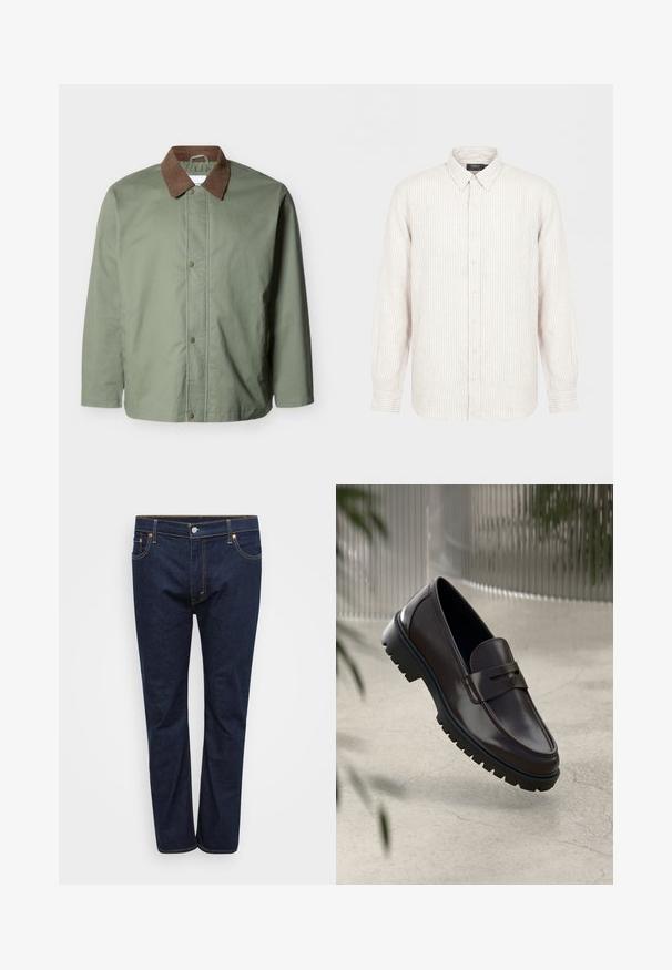 Herenjas in olijfgroen met een kraag van bruin ribfluweel en een drukknopsluiting, lange mouwen en een rechte zoom.; Beige shirt met lange mouwen en witte verticale strepen, knoopsluiting aan de voorkant, klassieke kraag en manchetten met knopen.; Donkerblauwe denim jeans met een rechte pijpdesign, voorzien van zichtbare stiksels in contrasterend geel, vijf zakken en een knoopsluiting aan de voorkant.; Bruine leren loafers met een getextureerde, geribbelde rubberen zool. Beschikt over een slank ontwerp en een decoratieve band over de wreef.