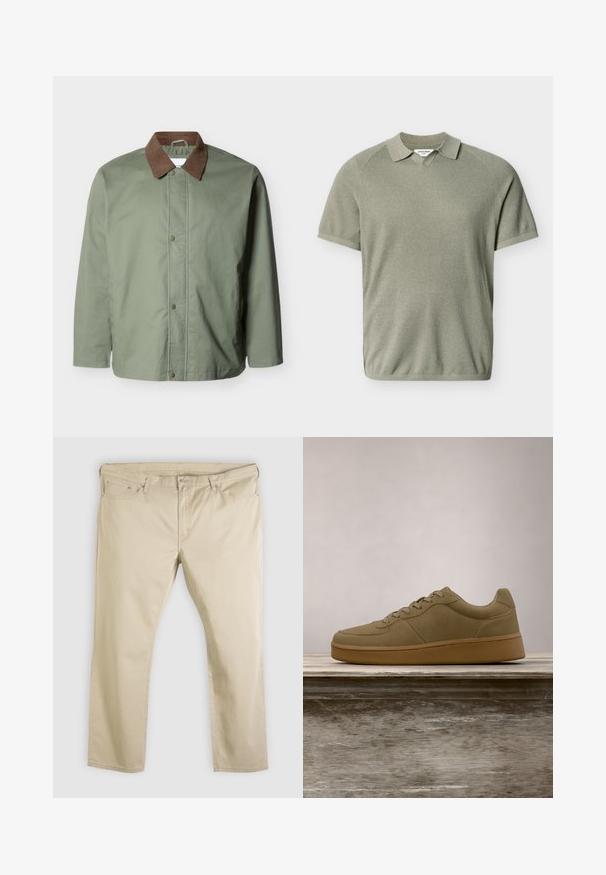 Veste pour homme de couleur vert olive avec col en velours côtelé marron, fermeture à boutons-pression, manches longues et ourlet droit.; Polo en maille vert olive clair à manches courtes avec col et ourlet côtelé, présenté à plat sur un fond blanc.; Pantalon beige à jambes droites avec fermeture avant à bouton et fermeture éclair, passants pour ceinture et cinq poches, posé à plat sur un fond blanc.; Baskets vert olive à lacets flottant au-dessus d'un banc en bois, avec un feuillage vert flou en arrière-plan.