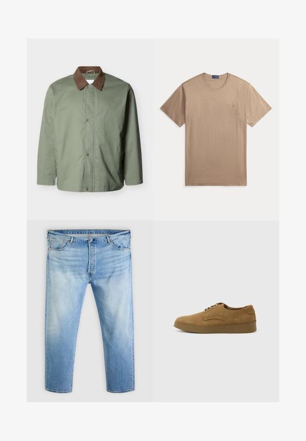 Veste pour homme de couleur vert olive avec col en velours côtelé marron, fermeture à boutons-pression, manches longues et ourlet droit.; T-shirt beige à manches courtes avec col rond et petit logo Polo Ralph Lauren brodé sur le côté gauche de la poitrine.; Jean en denim bleu clair avec détails délavés, fermeture frontale par bouton et fermeture éclair, passants pour ceinture et design à cinq poches.; Chaussure décontractée à lacets en daim marron avec semelle en caoutchouc plate, vue de côté sur un fond clair uni.