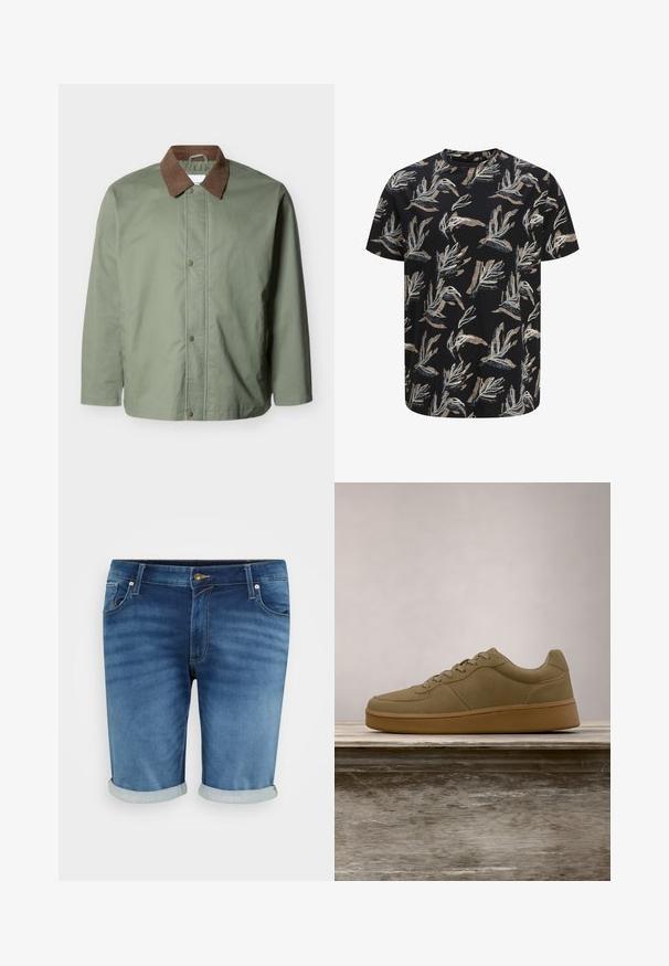 Herre olivengrøn jakke med brun kordfløjls krave og trykknaplukning, lange ærmer og en lige kant.; Sort kortærmet t-shirt med beige og hvide abstrakte bladmønstre jævnt fordelt over stoffet.; Denim shorts i mellemblå med en let fading, der har knappelukning, fem lommer og opsmøgte kanter for et afslappet look.; Olivengrøn sneaker med snørebånd, der svæver over en træbænk, med sløret grønt løv i baggrunden.