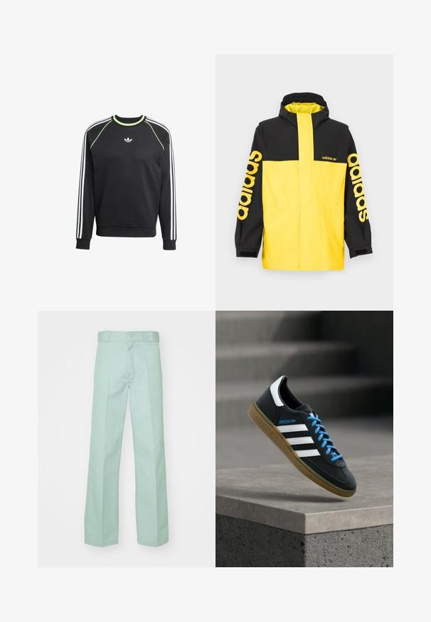 Kollane ja must veekindel jope kapuutsiga, suurte "adidas" logodega varrukatel ning stiilse, modernse disainiga.; Must mustriga must ja valgete kolme triibu disainiga varrukatel ja laimiroheline aktsent. Omab ümmargust kaelust ja väikest logo rinnas.; Heledad rohelised puuvillased püksid sirge jala disainiga, millel on sile tekstuur ja tavaline vöökoht koos nööpide lohkudega.; Must Adidas toss valgete triibu, siniste paelte ja kummist tallaga, hõljuv pehme valgusega halli betoonastme kohal.