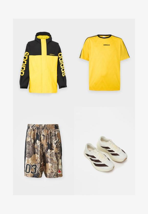 Veste imperméable jaune et noire avec capuche, avec de grands logos « adidas » sur les manches, et un design élégant et moderne.; T-shirt de sport jaune avec des accents noirs, présentant un motif en zigzag texturé et des manches courtes. Logo Adidas placé sur la poitrine.; Shorts camouflés avec une taille élastique, présentant un mélange de marrons et de noirs, un grand "03" en blanc et un logo Adidas en rouge.; Baskets de course crème clair avec des rayures diagonales marron foncé, tige en mesh texturé et semelle rembourrée. Présente le logo "ADIZERO" en jaune.