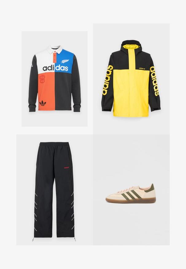 Geel-zwart waterdicht jack met capuchon, voorzien van grote "adidas" logo's op de mouwen en een strak, modern ontwerp.; Kleurgeblokte lange mouwen polo shirt in zwart, wit, oranje en blauw, met een kraag, knoopsluiting en opvallende Adidas branding.; Zwarte Adidas trainingsbroek met elastische tailleband, rode logo op de rechterdij, witte diagonale strepen aan de zijkanten van de pijpen en verstelbare enkels.; Beige Adidas Spezial sneaker met een laag profiel, groene strepen, een gumkleurige zool en "SPEZIAL" branding aan de zijkant, gezien vanaf de buitenzijde.