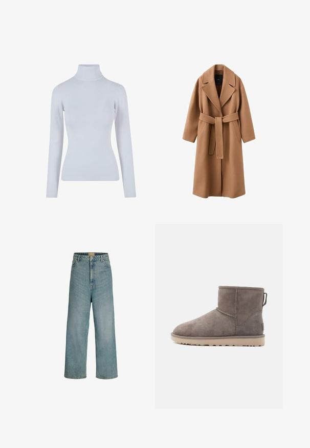 Lang brun frakke lavet af et blødt stof. Har en bred revers, bælte i taljen og to sidelommer. Rettetærmede og knælængde.; Lys grå turtleneck sweater lavet af et blødt, ribbet stof. Har lange ærmer, en tætsiddende pasform og en høj, tætsiddende krave.; Lyseblå jeans med vid ben og høj talje, frontknaplukning, bæltestropper og klassisk fem-lomme-design.; Grå ruskind ankelstøvler med en blød tekstur, rund tå og solid beige sål. Med forstærket hæl og syningsdetaljer.
