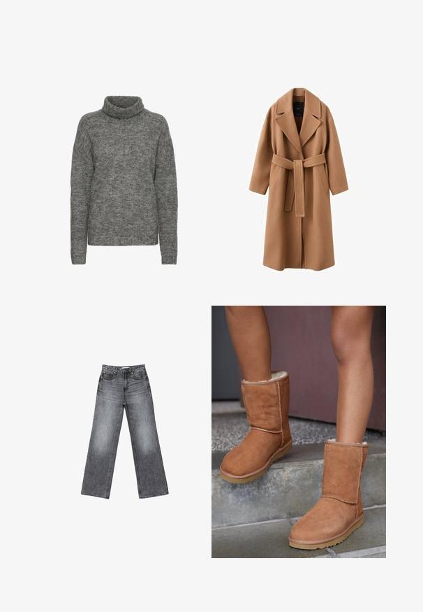 Lang brun frakke lavet af et blødt stof. Har en bred revers, bælte i taljen og to sidelommer. Rettetærmede og knælængde.; Grå turtleneck sweater lavet af blødt strikmateriale, med en afslappet pasform og lange ærmer med en subtil tekstur hele vejen igennem.; Bredde ben mørkegrå denimjeans med en falmet finish, fem lommer, en knaplukning og subtile sømdetaljer langs sømmene.; Brune ruskind ankelstøvler med rund tå, blødt foer og gummisål, der har synlige stikninger langs sømmene.