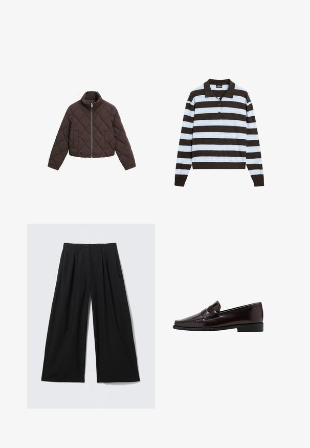 Quiltet mørkebrun cropped jakke med høj krave, forlommer og sølvfarvet lynlåslydelse. Har diamant stitch mønster.; Langærmet poloshirt med sorte og lyseblå vandrette striber og to knapper på stolpelukningen, lagt fladt på hvid baggrund.; Sortte bukser med vidde i benene, frontplisseringer, bæltestropper og skjult lukning foran, lagt fladt på en lys baggrund.; Brun læder loafersko med en mokkasinstil foran, hævet syning langs vampskæringen og en lav sort gummisål. Glat, poleret finish.