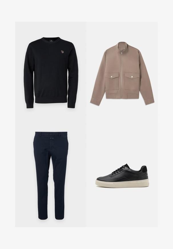 Tauenfarbener Bomberjacke mit Frontreißverschluss, zwei Taschen mit Druckknopfklappen und gerippten Details am Saum.; PS Paul Smith CREW NECK - Strickpullover - black; Navyblaue Baumwollchinos mit slim Fit, flachem Vorderteil und Reißverschluss. Verfügt über seitliche Taschen und eine Gesäßtasche mit einem kleinen Markentag.; Schwarzer Ledersneaker mit niedrigem Profil, ausgestattet mit einer cremefarbenen Gummisohle, runder Zehe und Schnürdesign, akzentuiert mit einer Ferse aus schwarzem Wildleder.