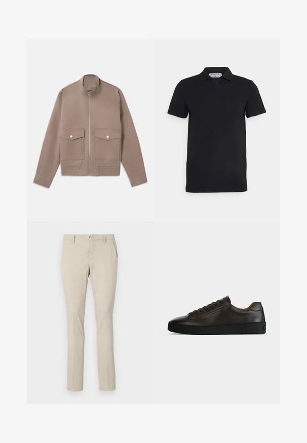 Veste bomber de couleur taupe avec fermeture éclair frontale, deux poches à rabat avec bouton-pression et détails côtelés à l'ourlet.; Polo noir à manches courtes avec un col classique, fabriqué en tissu lisse. Présente une étiquette avec le nom de la marque 'Filippa K' au niveau de l'encolure.; Chinos beige avec une coupe droite, dotés de poches latérales et d'une texture de tissu lisse. Aucuns motifs visibles ni détails métalliques.; Baskets basses en cuir marron foncé avec semelle en caoutchouc noire, lacets à l'avant et design minimaliste épuré sur fond clair.