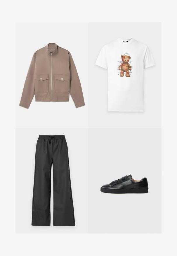 Taupe-kleurige bomberjack met ritssluiting aan de voorkant, twee klapzakken met drukknoop en geribbelde details aan de zoom.; Wit T-shirt met een teddybeerafbeelding bedekt met rode lippenstiftvlekken en krabbels, inclusief het woord "PUNK" en een gebroken hart.; Han Kjøbenhavn RELAXED TRACK TROUSERS - Broek - black; Zwarte leren sneaker met een gladde textuur, ronde neus en vetersluiting. Heeft een dikke rubberen zool en minimale merkaanpassing.