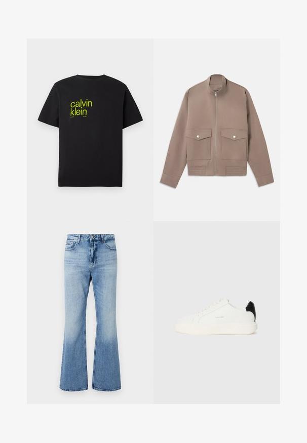 Bomber jacket de color topo con cremallera frontal, dos bolsillos con tapa y botón a presión, y detalles acanalados en el dobladillo.; Camiseta de algodón negra con texto amarillo que dice "calvin klein" y "nueva york desde 1968" en una fuente moderna y audaz. Mangas cortas.; Vaqueros de mezclilla azul claro de tiro alto con una leve campana en la parte inferior y un sutil desvanecimiento en los muslos y las piernas inferiores.; Zapatilla de cuero blanca con un acento negro en el talón, presenta puntera redonda, cordones planos y una suela gruesa blanca. Logo de Calvin Klein visible.