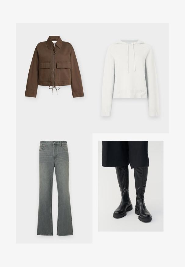 Chaqueta marrón con cremallera, grandes bolsillos delanteros con solapa, cuello, mangas largas y cordón ajustable en el dobladillo.; Sudadera blanca con capucha, de manga larga, con puños y dobladillo de canalé, tejido texturizado, cordones en el cuello y diseño corto.; Jeans de mezclilla de pierna recta de talle alto en color gris, con cierre de botón y cremallera, bolsillos frontales y pasadores para cinturón.; Botas de cuero negras hasta la rodilla con una textura suave, suelas gruesas y cremalleras laterales. El diseño presenta un sutil detalle de costura.