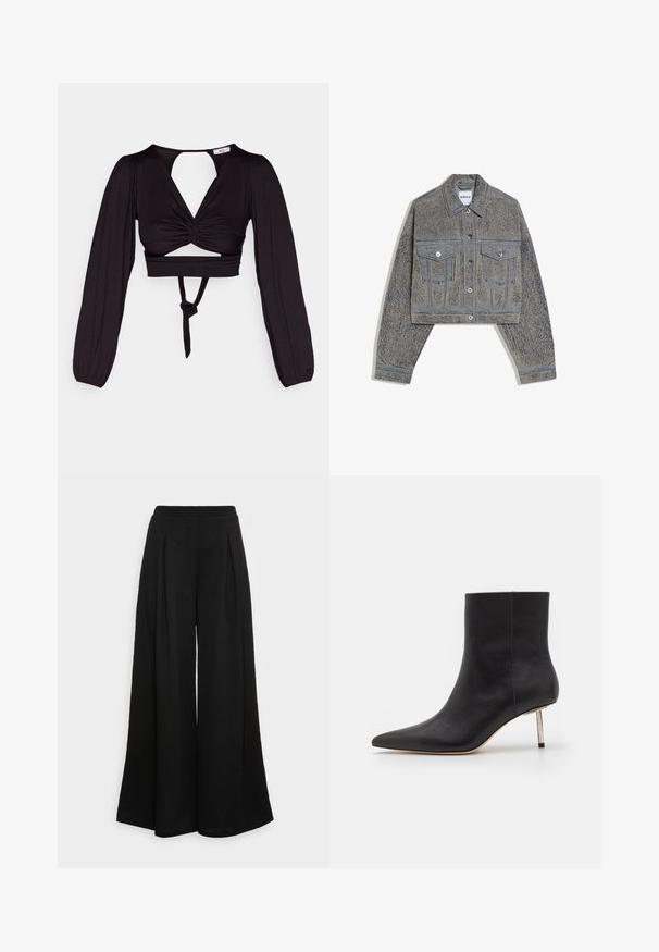 Beskåret denimjakke med lange ærmer og syre-vask-effekt, knaplukning foran, slået krave og to brystlommer med knap.; Sort cropped top med lange puffærmer, snoet frontdesign og åben ryg. Har et bånd i taljen og glat, strækbart stof.; Bredde sorte bukser lavet af et blødt stof, med frontfolder og høj talje, som sikrer en svævende silhuet.; Sorte læder ankelstøvler med spids tå og en tynd metallisk hæl. Glat tekstur med klare linjer og minimalistiske designfunktioner.