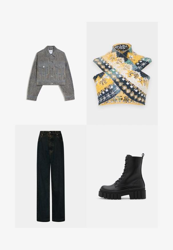 Veste en denim à manches longues retroussées avec effet délavé acide, boutons sur le devant, col replié et deux poches poitrine à boutons.; Paolina Russo WARRIOR CROSSOVER - Débardeur - indigo; Jeans en denim bleu foncé à taille haute et jambes larges, avec bouton et fermeture éclair à l'avant, passants de ceinture et poches avant.; Bottines en cuir noir avec semelle épaisse et rainurée, devant à lacets et tirette sur fond blanc lisse.