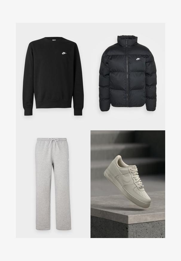 Chaqueta de plumas negra con cuello alto, cierre de cremallera y logo de Nike. Presenta un patrón acolchado y dos bolsillos laterales.; Sudadera negra de algodón, con cuello redondo, mangas largas y un pequeño logo blanco de Nike en el pecho superior izquierdo.; Pantalones deportivos grises con cintura elástica y cordón ajustable. Fabricados con tela suave, cuentan con piernas rectas y un sutil detalle de logotipo.; Una zapatilla beige con cordones flota sobre una superficie de hormigón gris, el logo de Nike es visible y el fondo de la escalera está desenfocado.