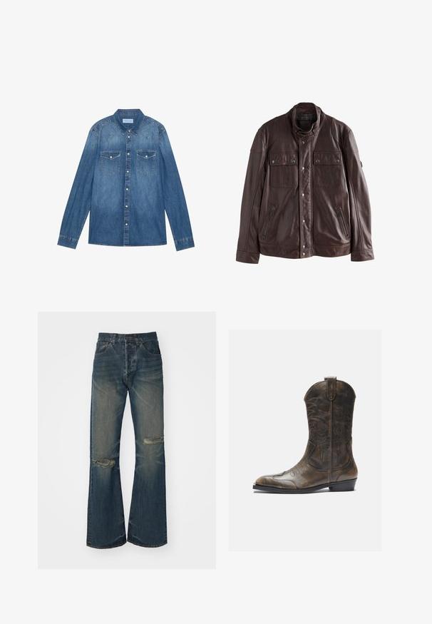 Mørkebrun læderjakke med trykknapslukning foran, to øverste klaplommer med knapper og to lynlåslommer i siden, vist på hvid baggrund.; Mørkeblå denimskjorte med lange ærmer, klassisk krave, knaplukning fortil, to brystlommer og kontrasterende stiklinger på sømmene.; Blå denim bukser med flagrende ben, med blegede accenter og knæhuller. Har høj talje og fem-lomme design, afsluttet med en knaplukning.; Brune læder cowboystøvle med en høj skaft, spids tå, intrikate syning mønstre og en lille hæl. Struktureret finish hele vejen igennem.