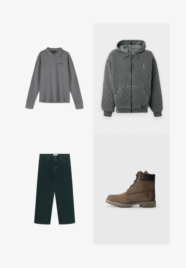 Grau gesteppter Hoodie mit Reißverschluss vorne, Kordelzugkapuze und großen Taschen. Besitzt gerippte Bündchen und Saum sowie ein kleines Logopatch auf der Brust.; Langarm-Polohemd aus gestreiftem grauem Stoff. Verfügt über einen Kragen, eine Drei-Knopf-Leiste und dezente schwarze Markenkennzeichnung auf der Brust.; Dunkelgrüne weit geschnittene Jeans aus Denim mit Knopf- und Reißverschluss, Fronttaschen und Gürtelschlaufen, flach auf einem weißen Hintergrund ausgelegt.; Braune Leder-Stiefelette mit schwarzem Kragen, Metallösen und robustem grauen Sohlen. Verfügt über ein Logo an der Seite und genähten Details.