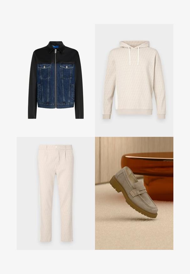 Chaqueta de cuero negro y vaquero azul con cremallera frontal, dos bolsillos en el pecho con botones y bolsillos laterales, mangas largas y cuello de camisa.; Sudadera beige con un sutil patrón geométrico, capucha con cordón, puños acanalados y paneles laterales. Textura suave, diseño informal.; Pantalones beige con un diseño sutil de hojas, bien confeccionados, con cierre de botones y bolsillos laterales. Textura de tela suave.; Mocasín de ante gris claro con suela gruesa de goma marrón colocado sobre una alfombra beige frente a una mesa redonda marrón desenfocada.