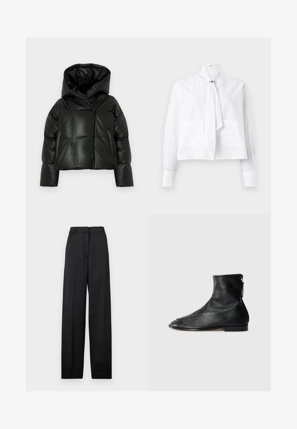 Gewatteerd zwarte donsjack met capuchon, voorzien van een ritssluiting, doorgestikt ontwerp en zijzakken. Gladde, synthetische stof.; Witte blouse van lichtgewicht stof met een gestructureerd gestreept patroon, voorzien van lange mouwen, een hoge kraag en een gebonden accentdetail.; Zwarte, hooggetailleerde wijde broek met riemlussen, een ritssluiting aan de voorkant en een plooi in het midden van elk been.; Zwarte leren enkellaarzen met een puntige neus, een gladde textuur en een rits aan de zijkant voor gemakkelijk aan- en uittrekken. Lage hak, minimalistische stijl.