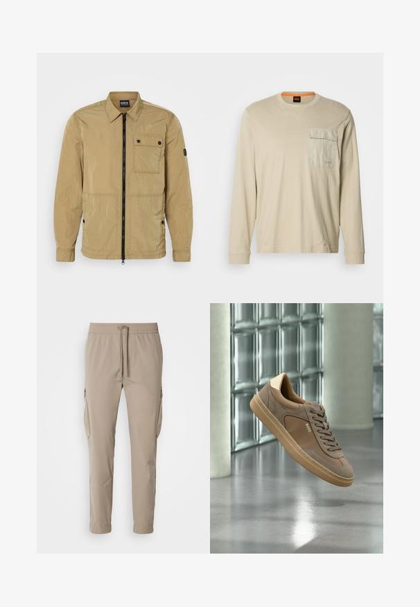 Beige, leichte Jacke mit einer zerknitterten Textur, einem Frontreißverschluss, einer geknöpften Brusttasche und Seitentaschen. Besitzt ein Kragen-Design.; Beige Langarmshirt aus weichem Material mit einer strukturierten Brusttasche, Rundhalsausschnitt und dezentem Branding auf der Brust.; Beige Cargo-Hosen mit elastischem Bund und Kordelzug. Sie verfügen über Seitentaschen und ein schmal zulaufendes Bein, gefertigt aus leichtem Stoff.; Beiger Freizeitsneaker mit Schnürsenkeln und „BOSS“-Logo, der über einem polierten Betonboden mit Glasbausteinwand im Hintergrund schwebt.