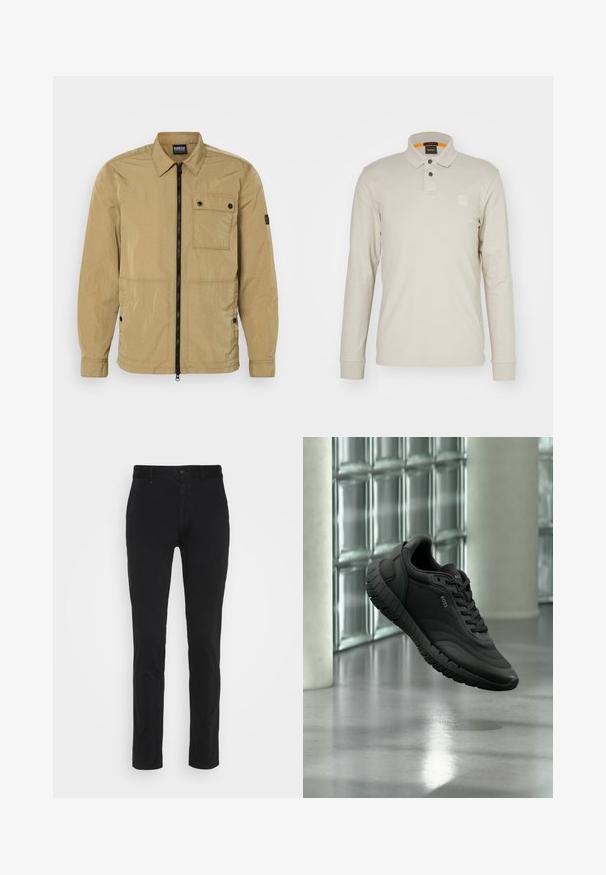 Beige, leichte Jacke mit einer zerknitterten Textur, einem Frontreißverschluss, einer geknöpften Brusttasche und Seitentaschen. Besitzt ein Kragen-Design.; Langarm-Polohemd aus hellbeigem Baumwollstoff. Verfügt über einen Kragen, zwei Knöpfe und ein kleines, geprägtes Logo auf der Brust. Oranger innerer Kragen.; Schwarze Baumwoll-Chinos mit schmaler Passform, ausgestattet mit einem normalen Bund, seitlichen Taschen und einer Gesäßtasche. Glatte Textur und minimalistische Gestaltung.; Schwarzer BOSS-Sneaker mit strukturierter Sohle, Mesh- und Lederobermaterial, schwebend im Innenraum vor Hintergrund aus Glasbausteinen und Betonsäulen.