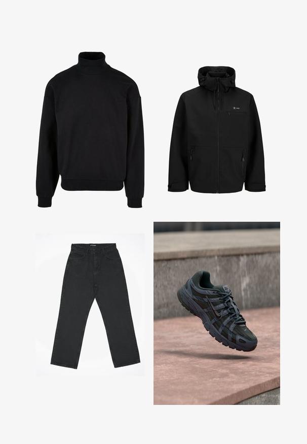 Schwarze Kapuzenjacke mit Frontreißverschluss, zwei seitlichen Reißverschlusstaschen, verstellbaren Bündchen und einer kleinen Brusttasche mit Reißverschluss.; Schwarzes Rollkragen-Sweatshirt mit lockerer Passform, langen Ärmeln und gerippten Bündchen. Aus einem weichen, strukturierten Stoff gefertigt.; Schwarze Jeans mit geradem Bein, fünf Taschen und Reißverschluss, flach auf weißem Hintergrund liegend, mit der Aufschrift "2Y STUDIOS" am Bund.; Dunkelgrauer Nike Laufschuh mit Mesh- und Synthetikdesign, schwebt über einer rosa Betonfläche vor grauem Stein-Hintergrund.