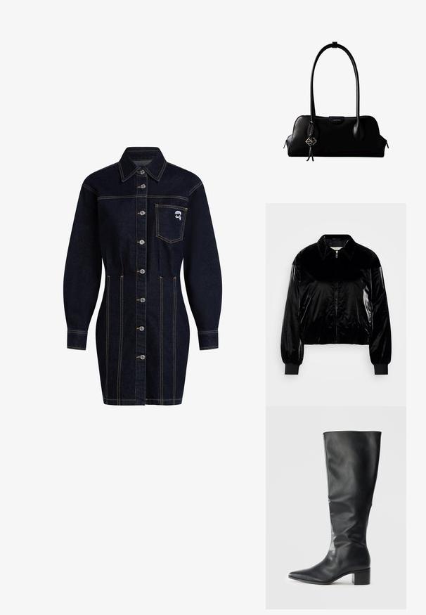 Must must-haves bomber-jakk, millel on krae, esi tõmblukk, soonikkoes mansetid ja äär. Läikiv tekstuur ja vabalt istuv lõige, madalad õlavarred.; Tume denimist särgimek, millel on kraega kaelus, nööbid ees ja pikad varrukad. Omab rinna taskut ja kollaseid õmblusaktsente.; Mustad, põlvini must nahast saabas terava nina ja plokknäpu ning vaadatuna küljelt, lihtsa tausta ees.; Must nahast Calvin Kleini käekott pikkade sangadega, esiküljel logoga silt ja ühe sangast ripub hõbedane geomeetriline ripats.