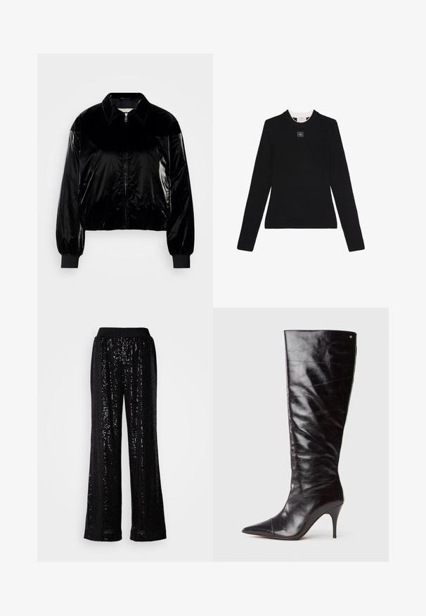 Chaqueta bomber de terciopelo negro con cuello, cremallera frontal, puños acanalados y dobladillo. Textura brillante con un corte relajado y hombros caídos.; Jersey negro de manga larga con canalé, cuello redondo y pequeño parche cuadrado con logo centrado cerca del cuello.; Pantalones de pierna ancha negros con lentejuelas, con una cinturilla de elastano texturizada, que presentan una superficie brillante y un diseño de longitud completa.; Bota alta de cuero negro con tacón alto y punta afilada, con ligero arrugado en el eje, mostrada de perfil sobre un fondo blanco.