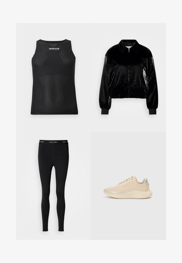 Veste bomber en velours noir avec un col, fermeture éclair frontale, poignets et ourlet côtelés. Texture brillante avec une coupe décontractée et des épaules tombantes.; Débardeur noir sans manches en mesh avec le logo blanc "Calvin Klein" centré en haut de la poitrine.; Leggings Calvin Klein noirs, longueur totale, avec taille élastique à logo, coupe ajustée et tissu lisse, présentés sur un fond uni.; Baskets beiges avec un bout et une partie supérieure en cuir verni lisse, détaillées avec une semelle intermédiaire texturée et une semelle extérieure en caoutchouc à bande de roulement. Comprend une étiquette de marque.