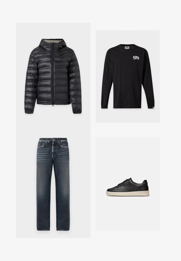 Zwarte donsjas met capuchon, volledige frontrits, horizontale stiksels, elastische manchetten en een klein geel-zwart logo op de borst.; Zwart shirt met lange mouwen en een ronde hals met een klein wit "Billionaire Boys Club" logo op de linkerborst en een klein labeltje op de linkermouwmanchet.; Donkerblauwe spijkerbroek met een relaxed fit, met subtiele vervaging, een rechte pijp en een klassiek vijf-pocket ontwerp.; Zwarte lage leren sneaker met zwarte veters en een dikke off-white rubberen zool, getoond op een witte achtergrond.