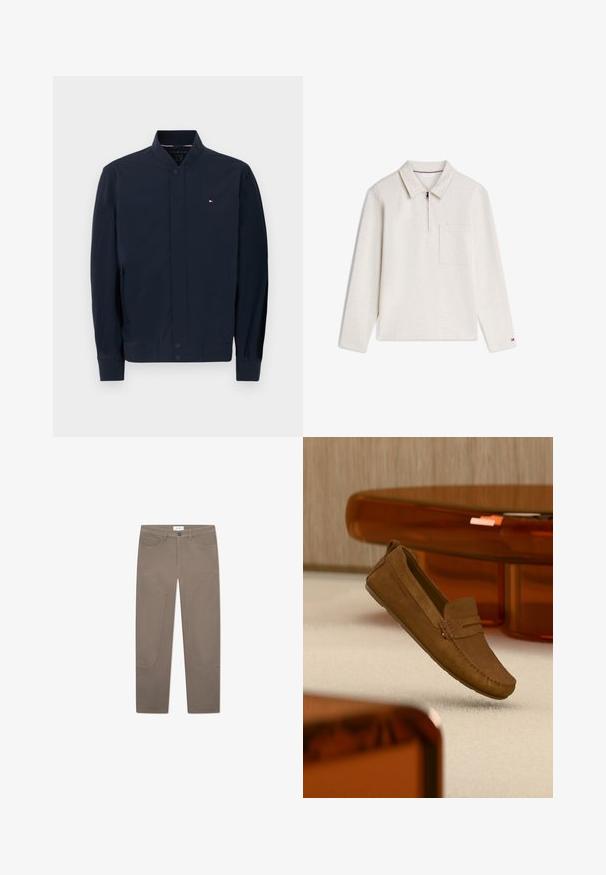 Mørkeblå bomberjakke med ribstrikket krave og manchetter, trykknaplukning foran, sidelommer og lille Tommy Hilfiger-logo på brystet.; Beige langærmet skjorte med krave, frontlynlås, brystlomme og lille logo på venstre ærmekant.; Brune bukser med lige snit, der har forlommer og accentuerende syninger langs siderne for ekstra detaljer og tekstur.; Brun ruskindsloafer med synlige sømme, der svæver over et beige tæppe med orange gennemsigtigt møbel i baggrunden.