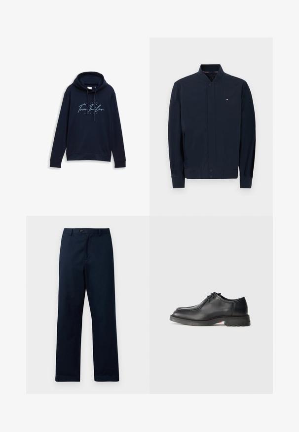 Veste bomber bleu marine avec col et poignets côtelés, devant à boutons-pression, poches latérales, et petit logo Tommy Hilfiger sur la poitrine.; Hoodie bleu marine avec cordons de serrage, arborant un texte de logo en blanc et bleu clair audacieux "Tom Tailor" avec l'année 1962. Texture douce.; Pantalon droit en bleu marine, fabriqué en tissu mélangé coton. Dispose d'une fermeture éclair à l'avant, d'un bouton et de passants de ceinture. Texture lisse.; Chaussure en cuir noir avec une texture lisse, bout arrondi et couture embossée peu profonde. Semelle en caoutchouc épaisse avec un léger talon et un motif antidérapant.