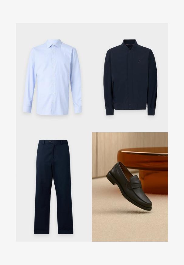 Navyblauwe bomberjack met geribde kraag en manchetten, drukknoopsluiting aan de voorkant, zijzakken en klein Tommy Hilfiger-logo op de borst.; Lichtblauwe shirt met lange mouwen, voorzien van een geruit patroon, knoopsluiting aan de voorkant, puntige kraag en een subtiele textuur. Perfecte pasvorm met knoopmanchetten.; Marineblauwe, rechte broek gemaakt van een katoenmix. Voorzien van een ritssluiting aan de voorkant, knoopsluiting en ceintuurlussen. Glad textuur.; Zwarte leren herensloffen met een band over de bovenkant, getoond op een beige tapijt vlakbij een bruine moderne ronde tafel.