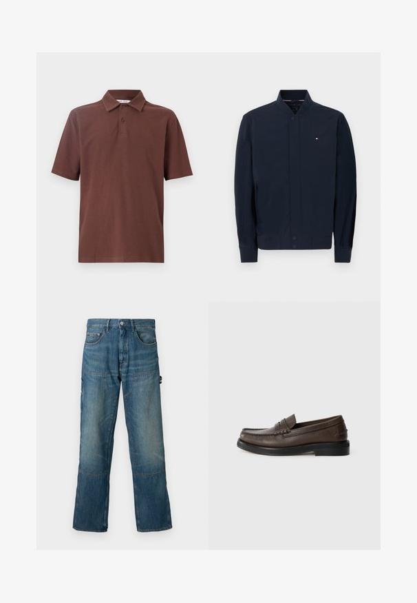 Chaqueta bomber azul marino con cuello y puños acanalados, cierre frontal de botones a presión, bolsillos laterales y pequeño logo de Tommy Hilfiger en el pecho.; Camiseta polo marrón hecha de tela transpirable, con un cuello clásico y una tapeta de tres botones, con un logo sutil en el pecho.; Jeans de mezclilla en un tono azul medio, con un corte relajado, bolsillos delanteros y costuras en contraste. Incluye detalles de panel en las piernas.; Mocasín de cuero marrón con detalle cosido en la punta, suela plana y tacón bajo apilado. Textura suave con elementos de diseño minimalistas.
