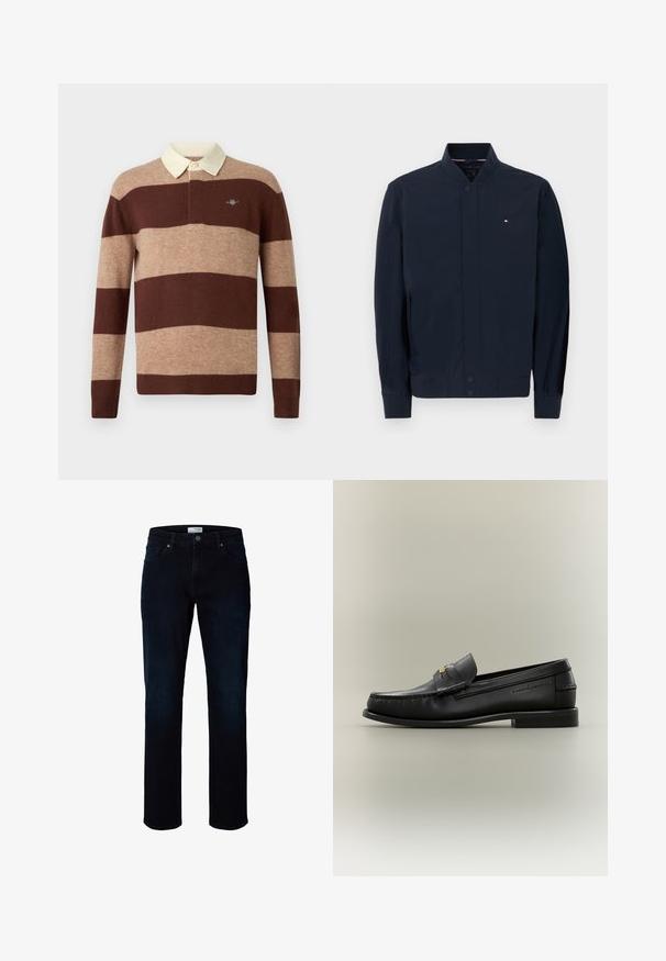 Navyblauwe bomberjack met geribde kraag en manchetten, drukknoopsluiting aan de voorkant, zijzakken en klein Tommy Hilfiger-logo op de borst.; Rugbyshirt met lange mouwen, voorzien van brede horizontale bruine en beige strepen en een crèmekleurige kraag, met een klein geborduurd logo op de borst.; Donkerblauwe jeans met rechte pijpen, voorzakken, riemlussen en een knoopsluiting in de taille.; Zwarte leren instapschoen met lage hak, gouden gespdetail en geperste merknaam aan de zijkant tegen een neutrale achtergrond.