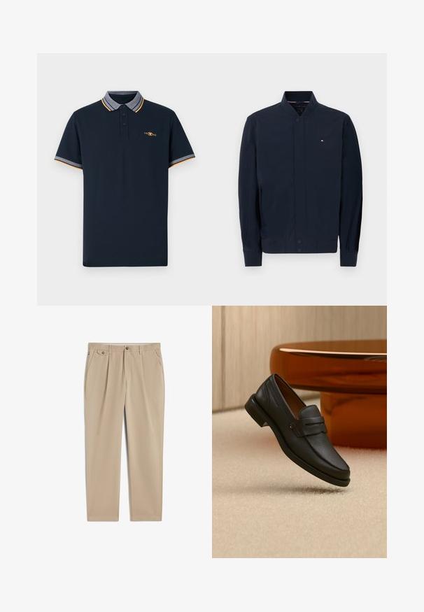 Navyblauwe bomberjack met geribde kraag en manchetten, drukknoopsluiting aan de voorkant, zijzakken en klein Tommy Hilfiger-logo op de borst.; Navyblauw polo-shirt van katoen, met een kraag in grijs, oranje accenten en een drievoudige knoopsluiting. Geborduurd logo van 1962.; Beige rechte broek met riemlussen, knoop- en ritssluiting aan de voorkant, zijzakken en geplooide details bij de tailleband.; Zwarte leren herensloffen met een band over de bovenkant, getoond op een beige tapijt vlakbij een bruine moderne ronde tafel.